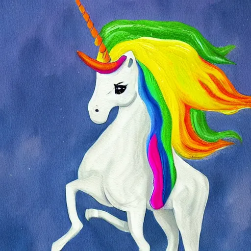 Prompt: a painting of donald trump riding a rainbow unicorn