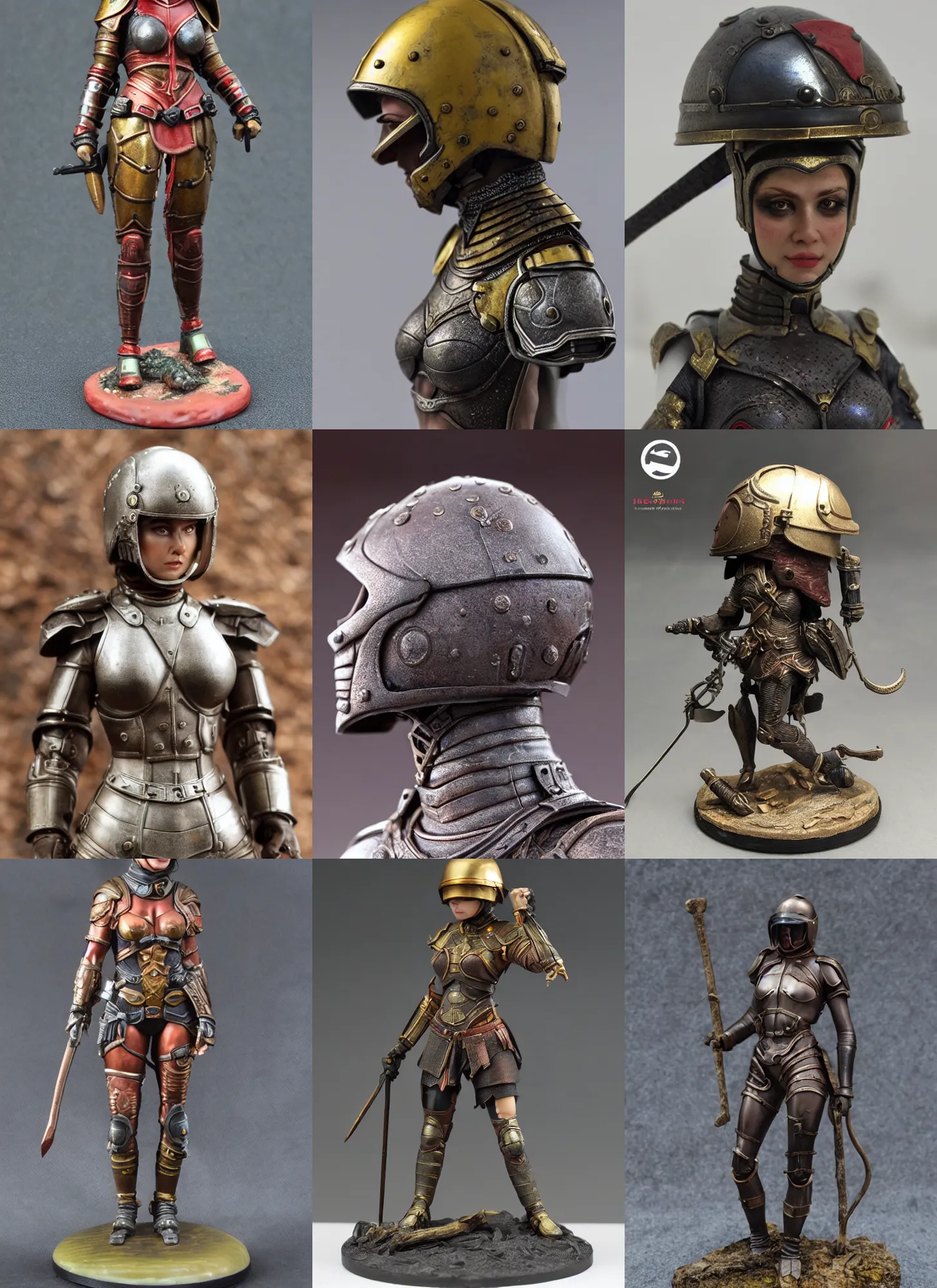 Prompt: 80mm resin detailed miniature of a helmeted muscular woman in full-face iron helmet, on textured disc base; Product Introduction Photos, 4K, Full body