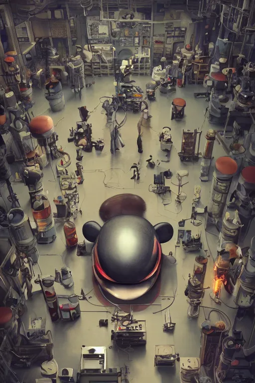 Image similar to top view of many mechanics in lab facility looking at bloody mickey mouse head lifted by claw, made by beeple, cgsociety, artgerm, greg rutkowski, highly detailed intricate 4 k art, low light cinematic, octane render, unreal engine, smooth concept art