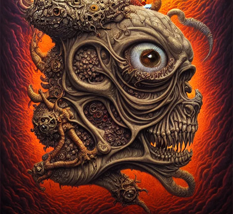 Image similar to A beautiful detailed grotesque monster super cute tarot card, by tomasz alen kopera and Justin Gerard, symmetrical features, ominous, magical realism, texture, intricate, ornate, royally decorated, skull, skeleton, whirling smoke, embers, red adornements, red torn fabric, radiant colors, fantasy, trending on artstation, volumetric lighting, micro details, 3d sculpture, ray tracing, 8k, anaglyph effect, digital art