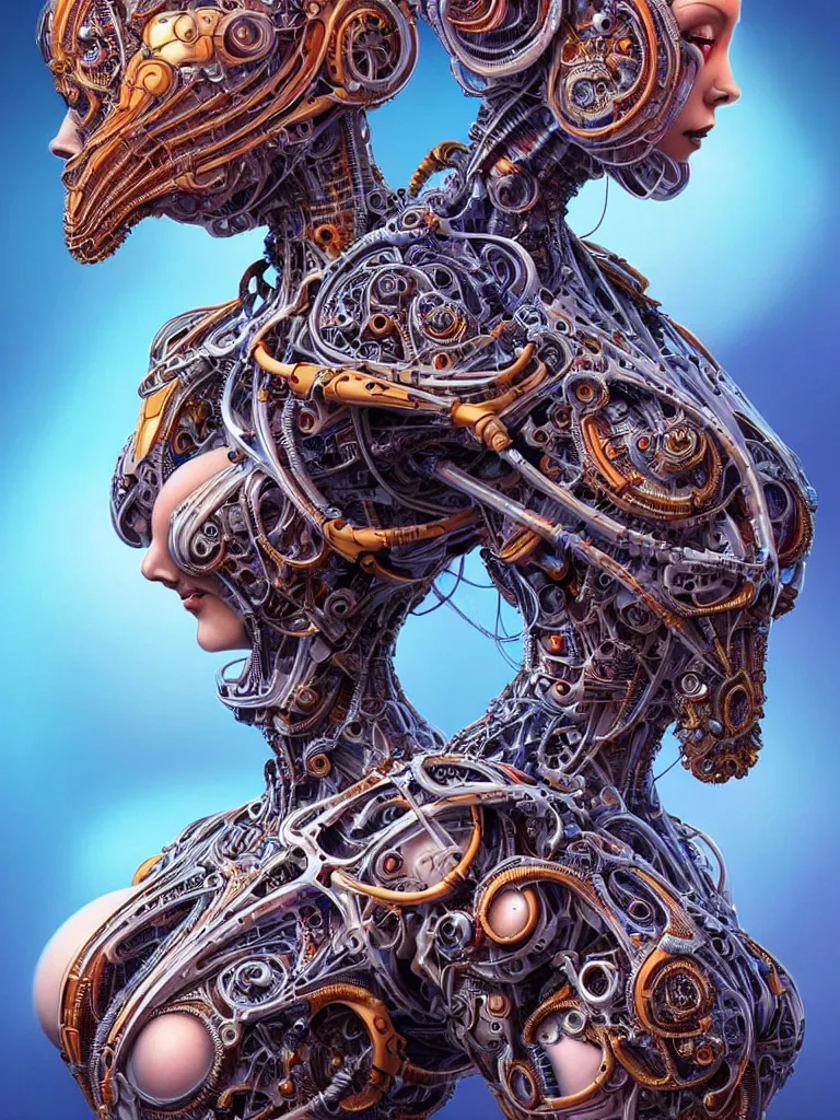 Image similar to full lenght shot woman in biomechanical dress, wearing epic bionic cyborg implants of different colors, detailed intricate ornate cables, by dan mumford and naoto hattori, masterpiece, intricate, elegant futuristic wardrobe, highly detailed, artstation, concept art, background galaxy, cyberpunk colors, art by artgerm and james jean and nick sullo