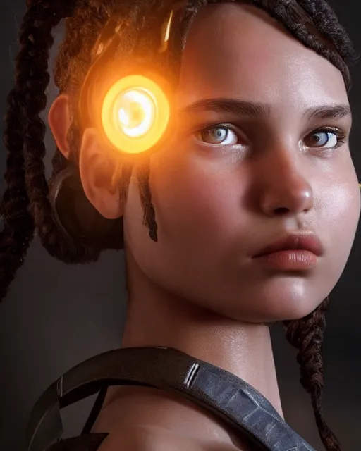 Prompt: centered portrait of soulful young lara croft as a solarpunk mecha humanoid robotic parts wearing with bright led lights, real human face, pudica gesture bouguereau style, in white room, ultra - realistic and intricate, soft portrait shot 8 k