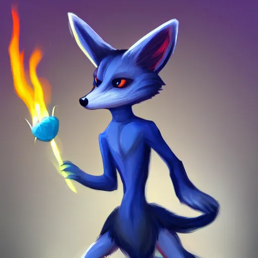 Prompt: An anthropomorphic fennec character from the furry fandom wearing a blue sweatshirt and holding fireballs in a fighting pose, digital painting, artstation, furry fandom, furaffinity