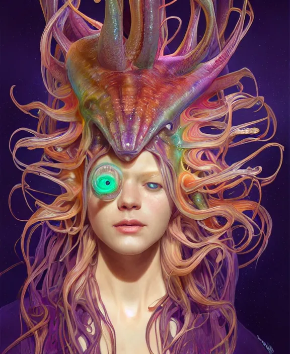 Image similar to intricate colorful transparent portrait of a terrifying beautiful alien sea slug, horns, mottled coloring, adorable, childlike, anxiety environment, ultra realistic, concept art, art nouveau, photorealistic, octane render, 8 k, unreal engine. art by christopher marley and artgerm and greg rutkowski and alphonse mucha