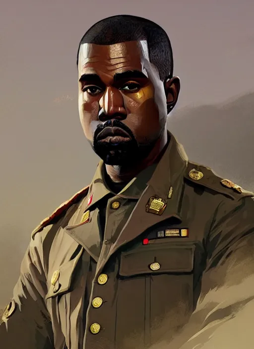 Image similar to highly detailed portrait kanye west military uniform in gta v stephen bliss unreal engine fantasy art by greg rutkowski loish rhads ferdinand knab makoto shinkai lois van baarle ilya kuvshinov rossdraws tom bagshaw global illumination radiant light detailed intricate environment