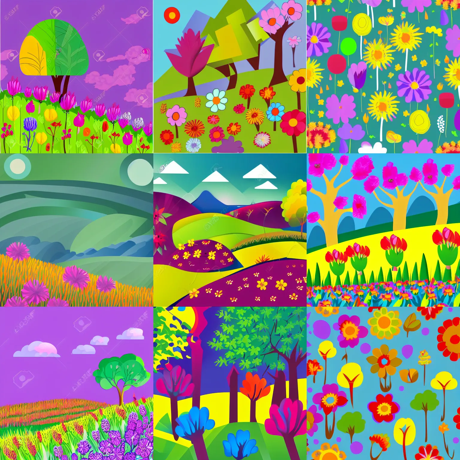 Prompt: meadow with flowers, hill with trees, spring, colorful, bright, cubism, vector graphics
