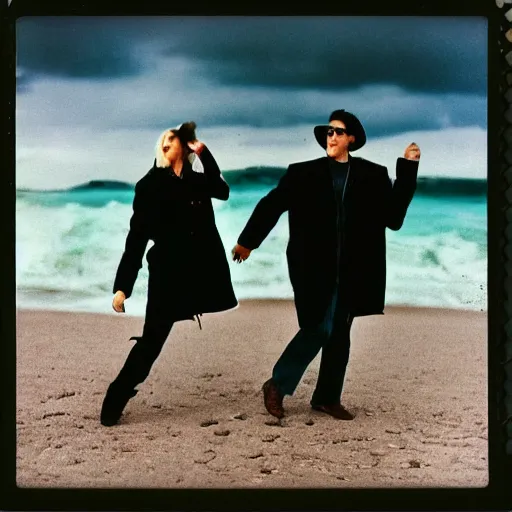 Image similar to 9 0 s polaroid photograph of a man and woman both wearing trenchcoats at night, dancing together on a beach during cloudy weather, vignette