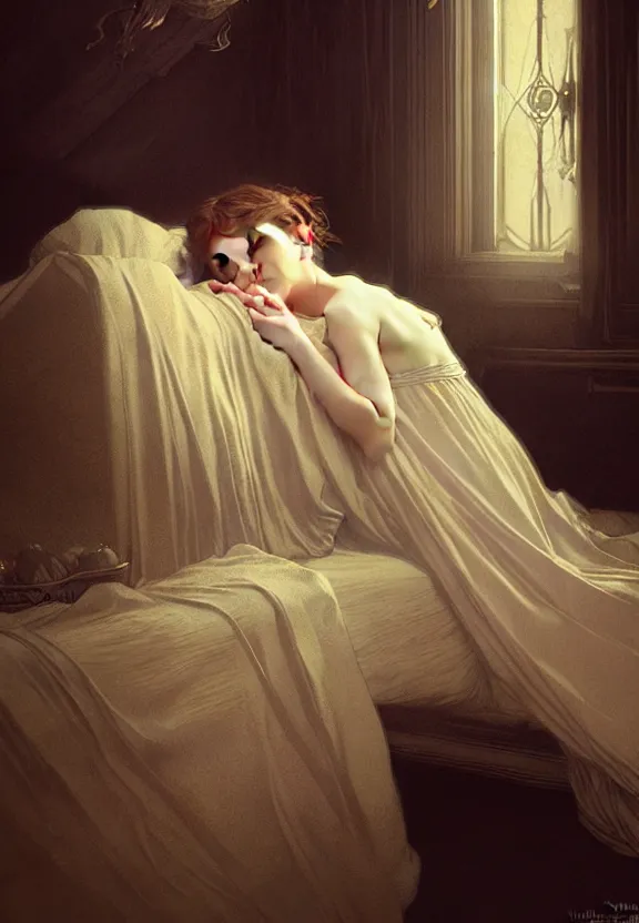 Image similar to innocent child sleeping in a moody beautiful victorian bedroom, fantasy magic, dark light night, intricate, elegant, sharp focus, illustration, highly detailed, digital painting, concept art, matte, art by wlop and artgerm and greg rutkowski and alphonse mucha, masterpiece
