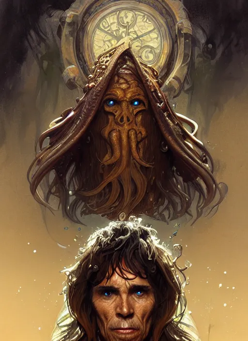 Image similar to portrait of davy jones, d & d, wet, shiny, fantasy, intricate, elegant, highly detailed, digital painting, artstation, concept art, smooth, sharp focus, illustration, art by artgerm and greg rutkowski and alphonse mucha