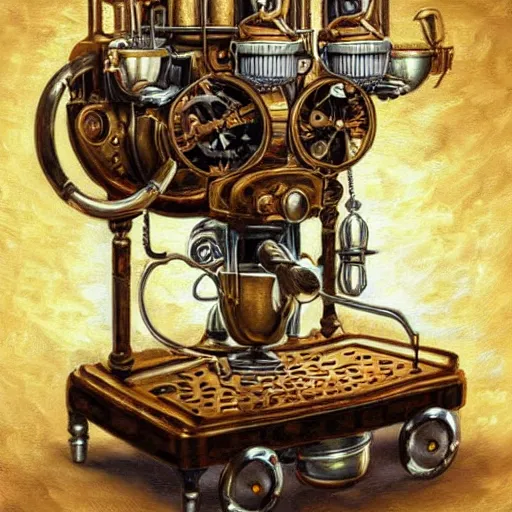 Prompt: Beautiful steampunk mechanical coffee machine, detailed oil painting