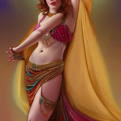 Image similar to a portrait of emma stone dressed as a belly dancer, arabian night, high quality, fully detailed, 4 k, in focus sharp face with fine details, realistic hand details and anatomy, inspired by belly dancer on youtube, alphonse mucha, masterpiece, stunning, artstation