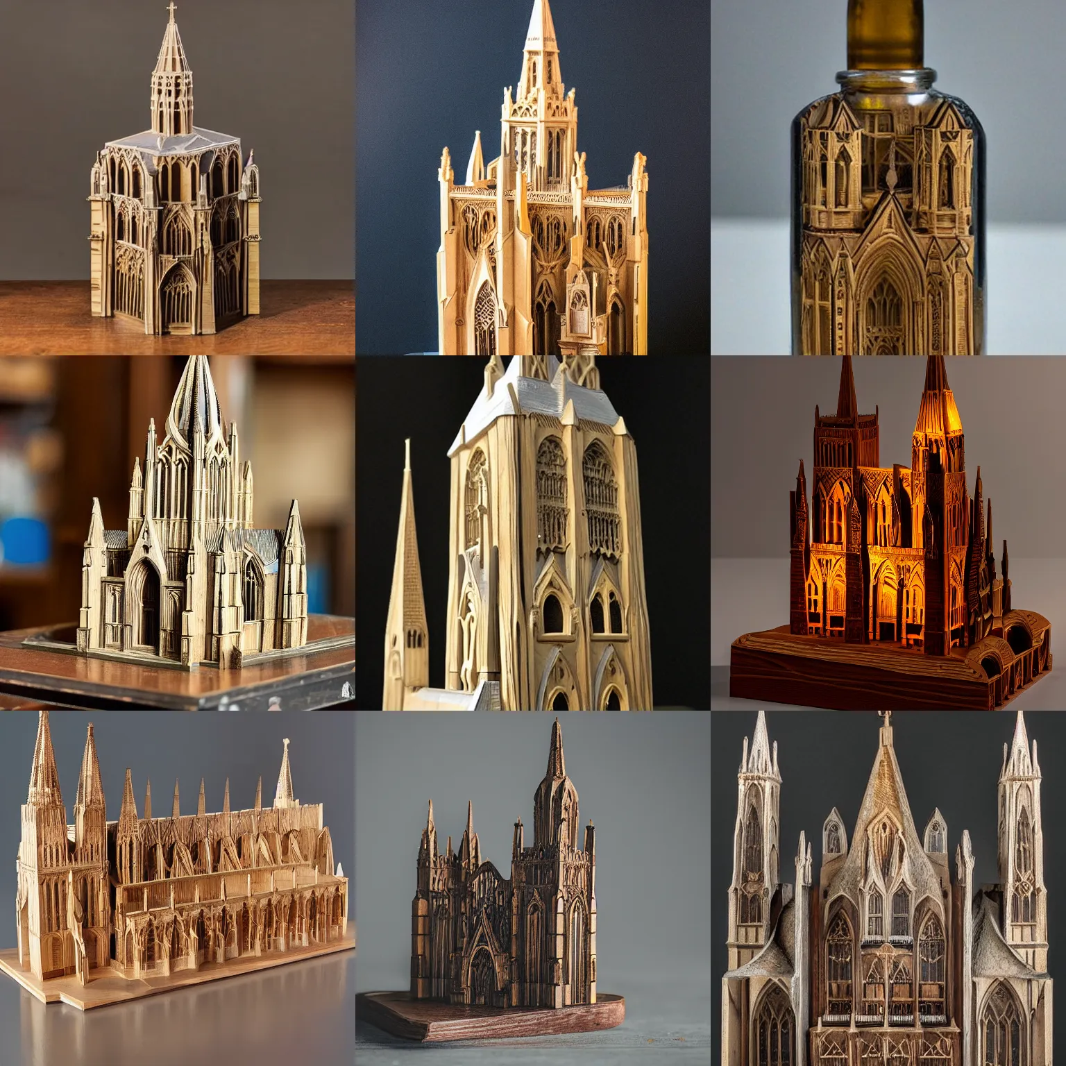 Prompt: meticulously detailed wooden figure of a cathedral inside a glass bottle