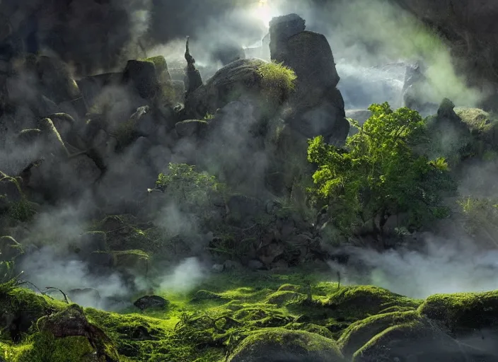 Image similar to a scene from hades, highly detailed, radiant lighting, green ambience, steam rising from rocky ground