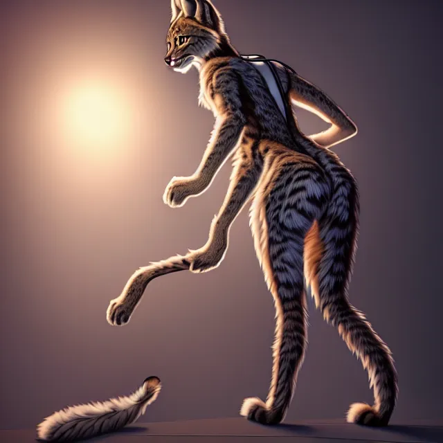 Image similar to the full body of anthropomorphic lynx fursona from behind wearing a steampunk suit as unimaginably beautiful, gorgeous, elegant, young woman with lynx head, an ultrafine hyperdetailed illustration by furaffinity, intricate linework, white fur, unreal engine 5 highly rendered, global illumination, radiant light, detailed and intricate environment