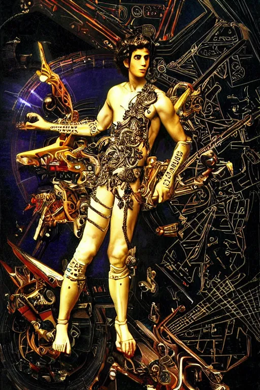 Prompt: full-body bladerunner style sculpture of a young handsome Portuguese prince as a half cibernetic android with a chest opening exposing circuitry and electric sparks, glowing laser beam eyes, crown of giant diamonds, flowing neon-colored silk, fabric, raptors. baroque elements. full-length view. baroque element. intricate artwork by caravaggio. many many birds birds on background. Trending on artstation, octane render, cinematic lighting from the right, hyper realism, octane render, 8k, depth of field, 3D