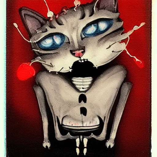 Prompt: A humanoid cat skeleton with red eyes is partying while drunk, photorealistic, polaroid