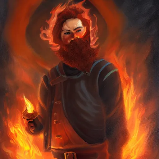 Image similar to furious young brown - red haired man with beard, wearing black coat, fire behind him, fire mage, shooting fire, fire, oil painting, fantasy artwork, fantastic artwork, 4 k, trending on artstation