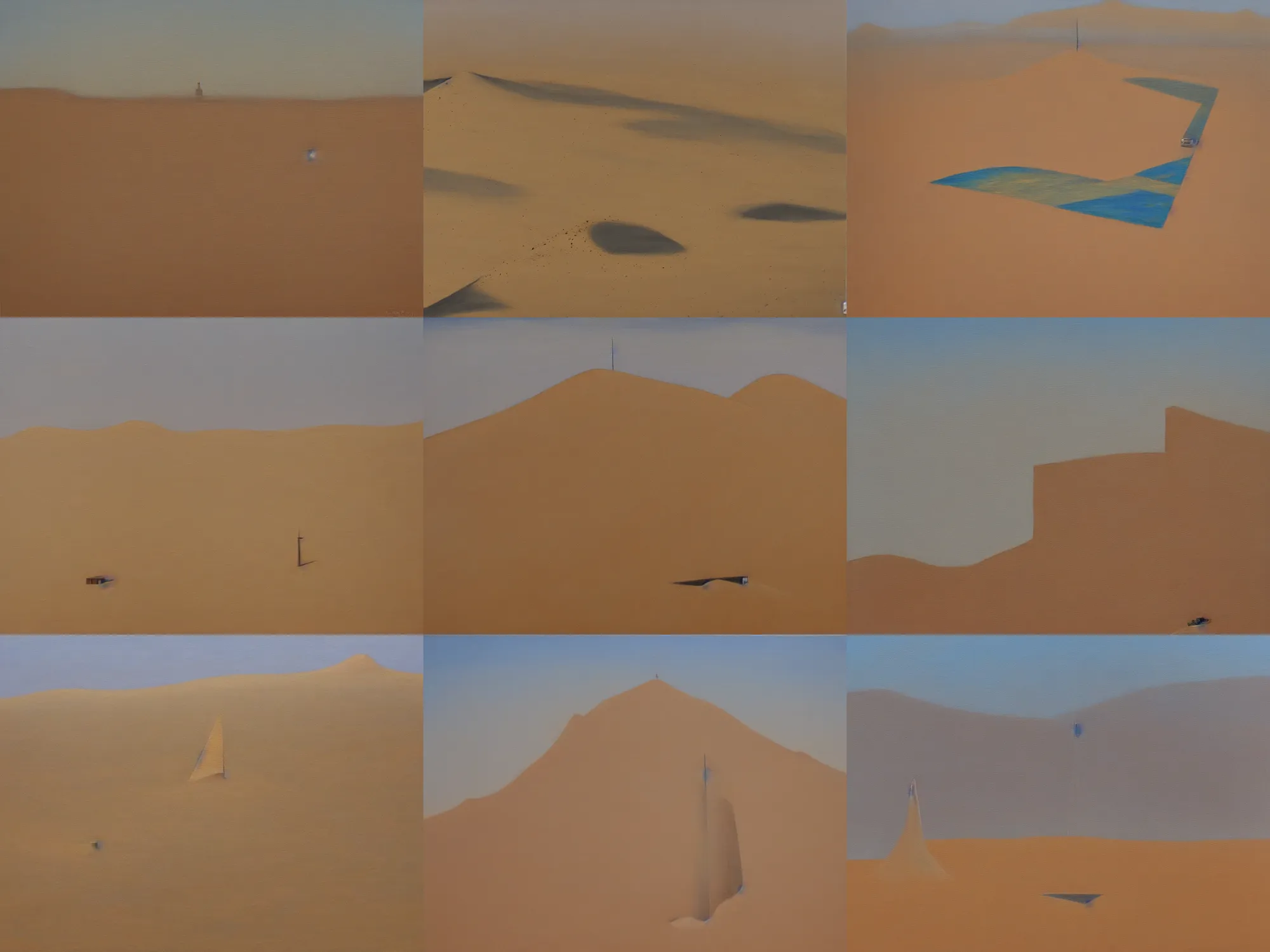 Prompt: oil on canvas painting of a skyscraper sinking into the desert sand, the skyscraper slanted at a 45 degree angle as the skyscraper sinks down into the hills of sand