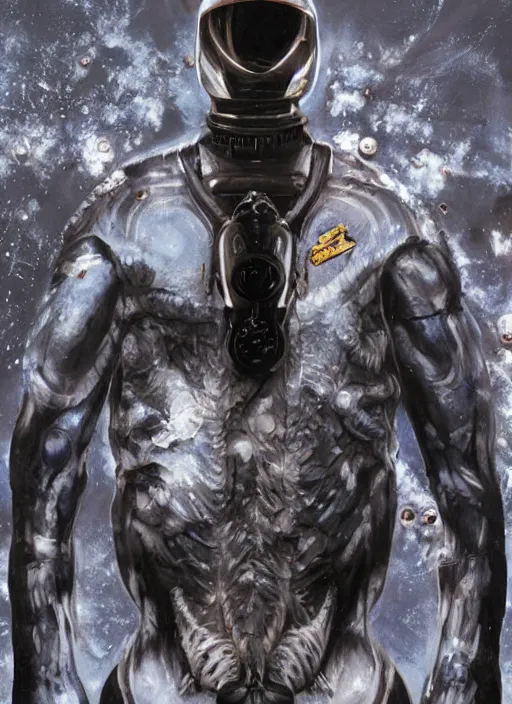 Image similar to astronauts alien in dark void underwater - complex and hyperdetailed technical suit. reflection and dispersion materials. rays and dispersion of light. volumetric light. f / 3 2. noise film photo. flash photography. ultra realistic, wide angle. poster by wayne barlowe, hajime sorayama aaron horkey, craig mullins