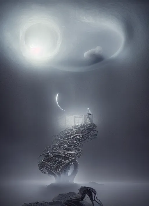 Image similar to giant tentacles in burning vapor glowing mansion dramatic lighting desolate landscape with a light moon in a night black hole, michal karcz, miho hirano