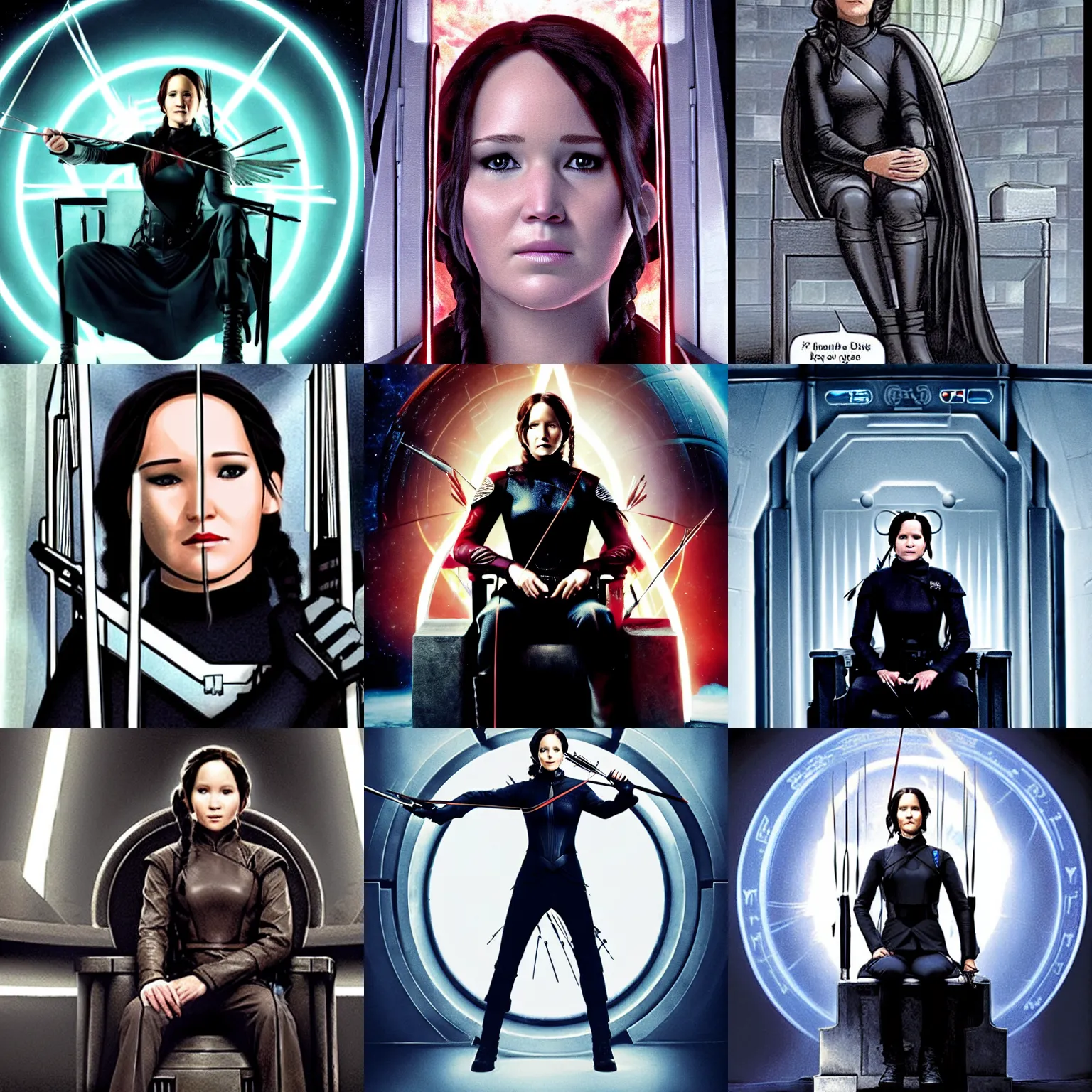 Prompt: Katniss Everdeen as Emperor Palpatine, sitting on the throne in the Death Star