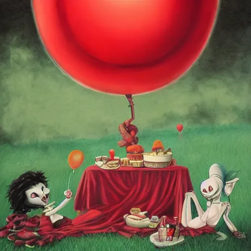 Image similar to grunge painting of a picnic with a wide smile and a red balloon by chris leib, loony toons style, pennywise style, corpse bride style, horror theme, detailed, elegant, intricate, conceptual, volumetric light