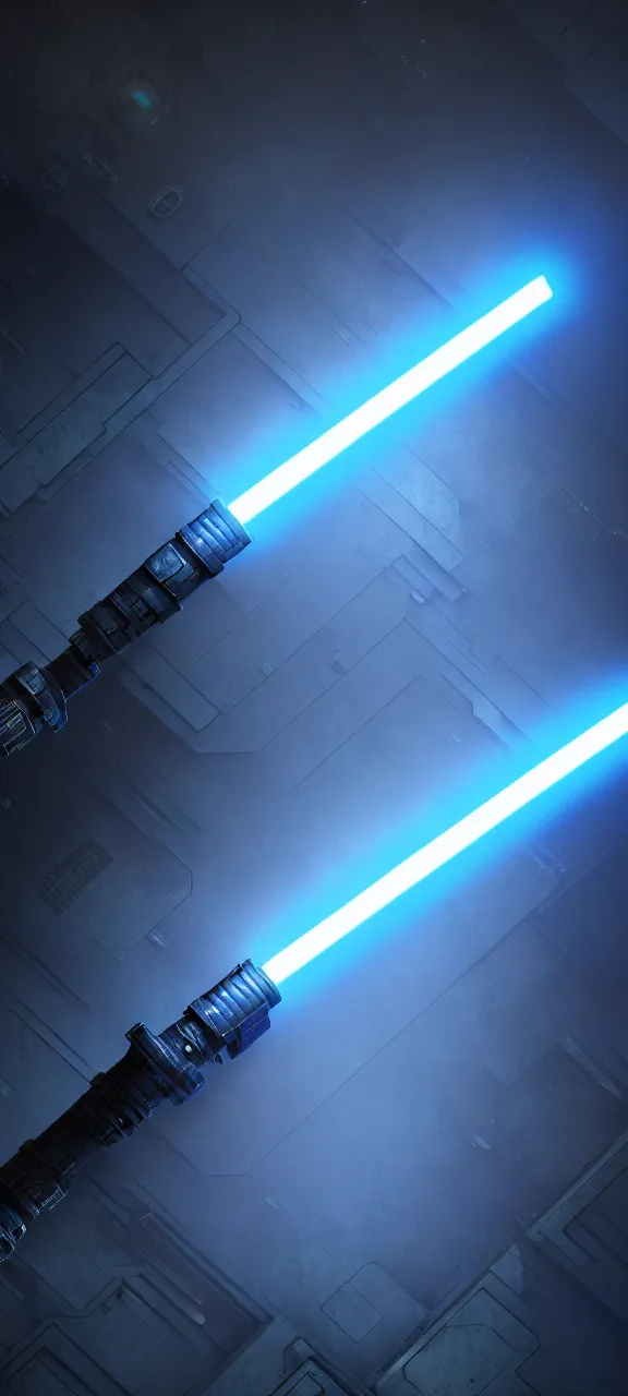 Prompt: detailed cinematic render, of a blue cyberpunk lightsaber lying vertically on a detailed forst floor, in a dark room, photo from above, octane render 8 k, digital art, lightsaber wallpaper 4 k, ray tracing, jedi fallen order lightsaber wallpaper 4 k, cal kestis lightsaber wallpaper