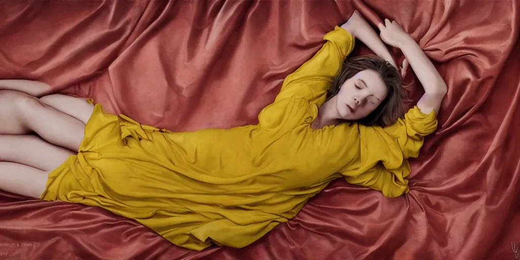 Image similar to beautiful oil matte portrait painting, top down view of a young woman lying on a red bed sheet wearing a mustard yellow dress covered in rose petals, wonderful masterpiece highly detailed, beautiful cinematic light deep focus, elegant, digital painting, smooth, sharp focus, golden ratio, dramatic illumination, ultra realistic, 8 k, art by jimmy law