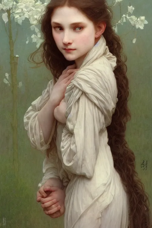 Image similar to Portrait of beautiful pale peasant girl, cinematic lighting, intricate, elegant, highly detailed, digital painting, artstation, smooth, sharp focus, illustration, art by artgerm and greg rutkowski and alphonse mucha and Wayne Barlowe and william-adolphe bouguereau