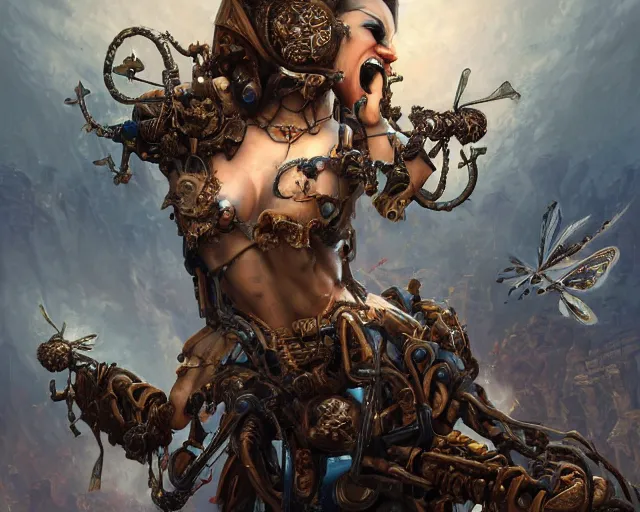 Prompt: Death is swallowed up in victory, very detailed and beautiful face, screaming, mechanical bird, mechanical butterfly, artwork by artgerm, centered shot, wide angle, full body, islandpunk, solarpunk, DD, fantasy, highly detailed, digital painting, artstation, smooth, sharp focus, art by thomas kinkade and Stephan Martiniere and Kevin Swartz