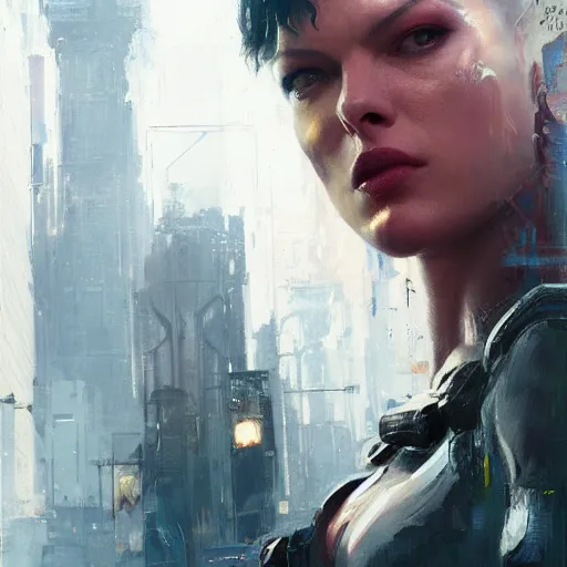 Image similar to milla jovovich portrait in the foreground of art by greg rutkowski scifi sharp neon city