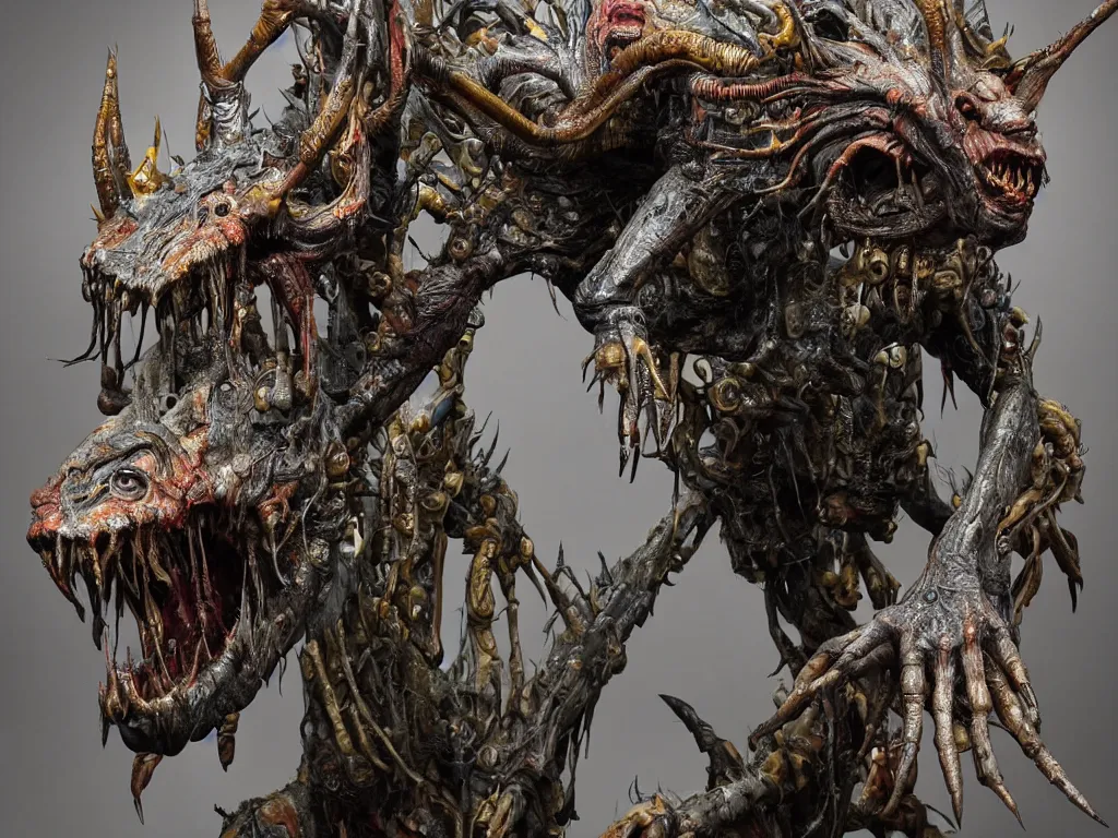 Image similar to photo taken of an epic intricate, ultra detailed, super realistic gritty, hero prop, exquisitely painted animatronic movie prop of a grotesque nightmarish hellish alien creature displayed in the workshop, created by weta workshop, full body shot, photorealistic, sharp focus