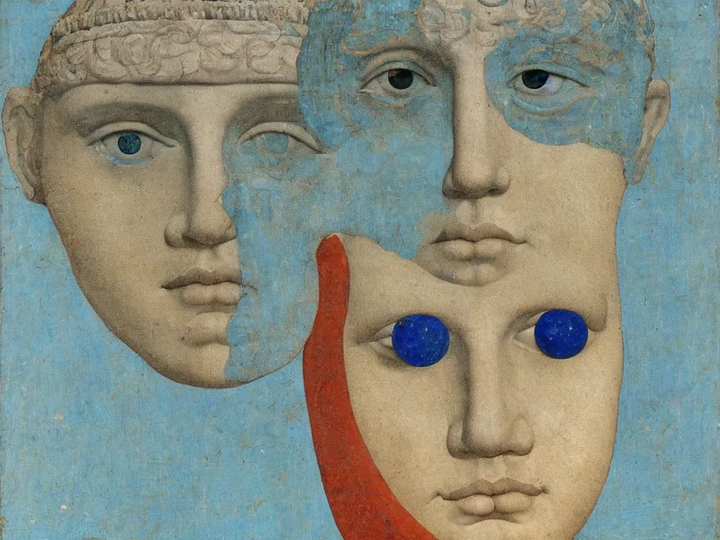 Image similar to marble greek sculpture head of the sun god with inlaid crystal eye. lapis - lazuli, turquoise, malachite, cinnabar, earth brown. painting by piero della francesca, balthus, agnes pelton