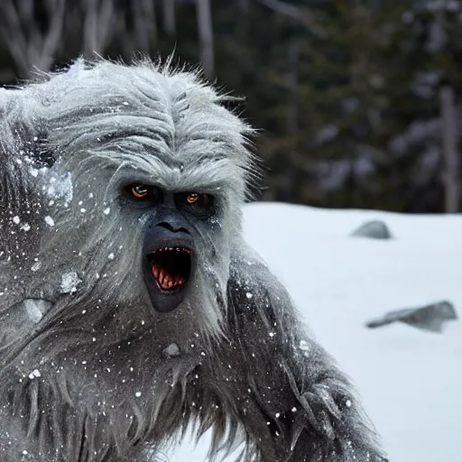 Prompt: a monstrous yeti wanders through a mountainous snowy landscape