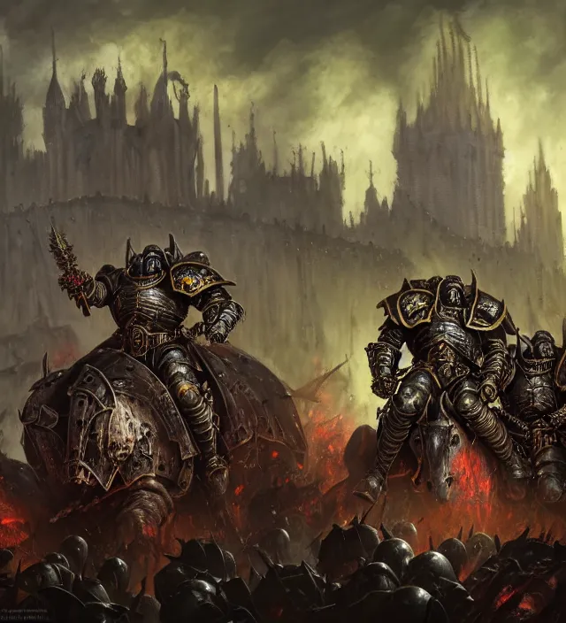 Image similar to armor _ portrait _ heros _ warhammer _ 4 _ 0 _ k _ - pestilence, nurgle warrior, champion _ the _ primarchs _ emperor _ by _ johannes _ helgeson _ animated _ with _ vfx _ concept _ artist _ _ with cathedrals in the background, battlefield, army fighting, undead illustrated by ruan jia