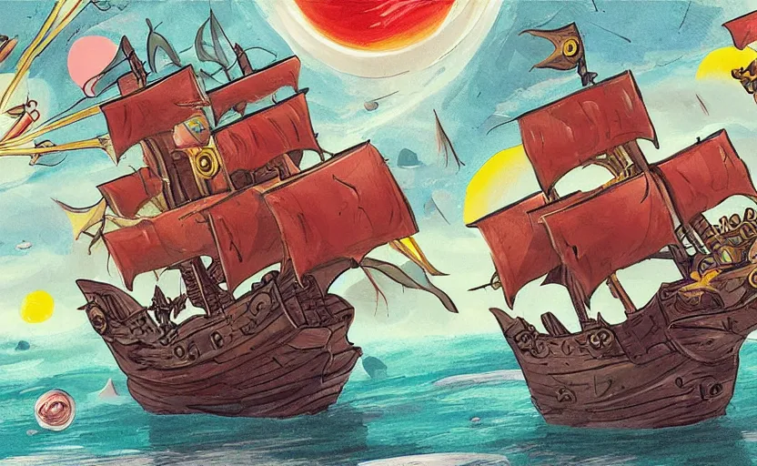 Prompt: pirate ship in space, storybook, gouache, flat, concept art, lush, pixel art