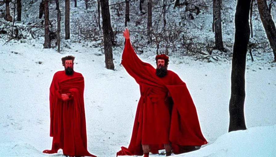 Prompt: 1 9 6 0 s movie still of marcus aurelius frozen to death under the snow by the side of a river in a red toga with a tired marked face, pine forests, cinestill 8 0 0 t 3 5 mm, high quality, heavy grain, high detail, texture, dramatic light, anamorphic, hyperrealistic, detailed hair, foggy