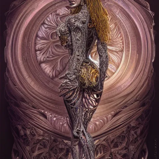 Prompt: beatifull frontal portrait of a woman, biomechanical sculpture, fractal, intricate, elegant, highly detailed, ornate, elegant , luxury, beautifully lit, ray trace in the style of Gerald Brom and James gurney