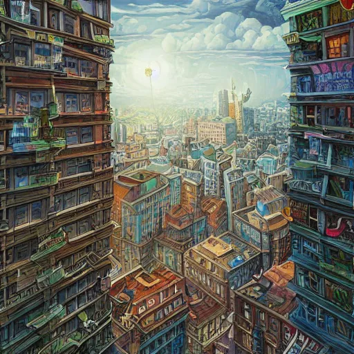 Prompt: a painting of a bunch of buildings with stairs, a detailed matte painting by dan mumford, deviantart contest winner, maximalism, 2 d game art, detailed painting, physically based rendering