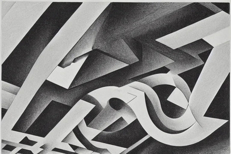 Prompt: M. C. Escher, Relativity. Lithograph.