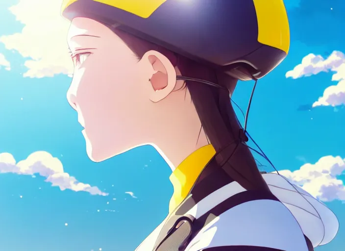 Prompt: side portrait of cute girl riding road bike, sunny sky background, lush landscape, illustration concept art anime key visual trending pixiv fanbox by wlop and greg rutkowski and makoto shinkai and studio ghibli and kyoto animation, symmetrical facial features, sports clothing, yellow helmet, nike cycling suit, backlit, aerodynamic frame, bike riding pose