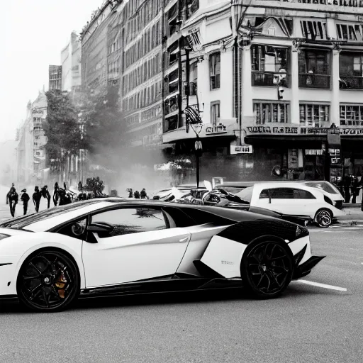 Image similar to black and white press photograph of a man in a suit pushing a lamborghini that is out of gas on a busy city street, sideview, detailed, natural light, mist, film grain, soft vignette, sigma 5 0 mm f / 1. 4 1 / 1 0 sec shutter, imax 7 0 mm footage