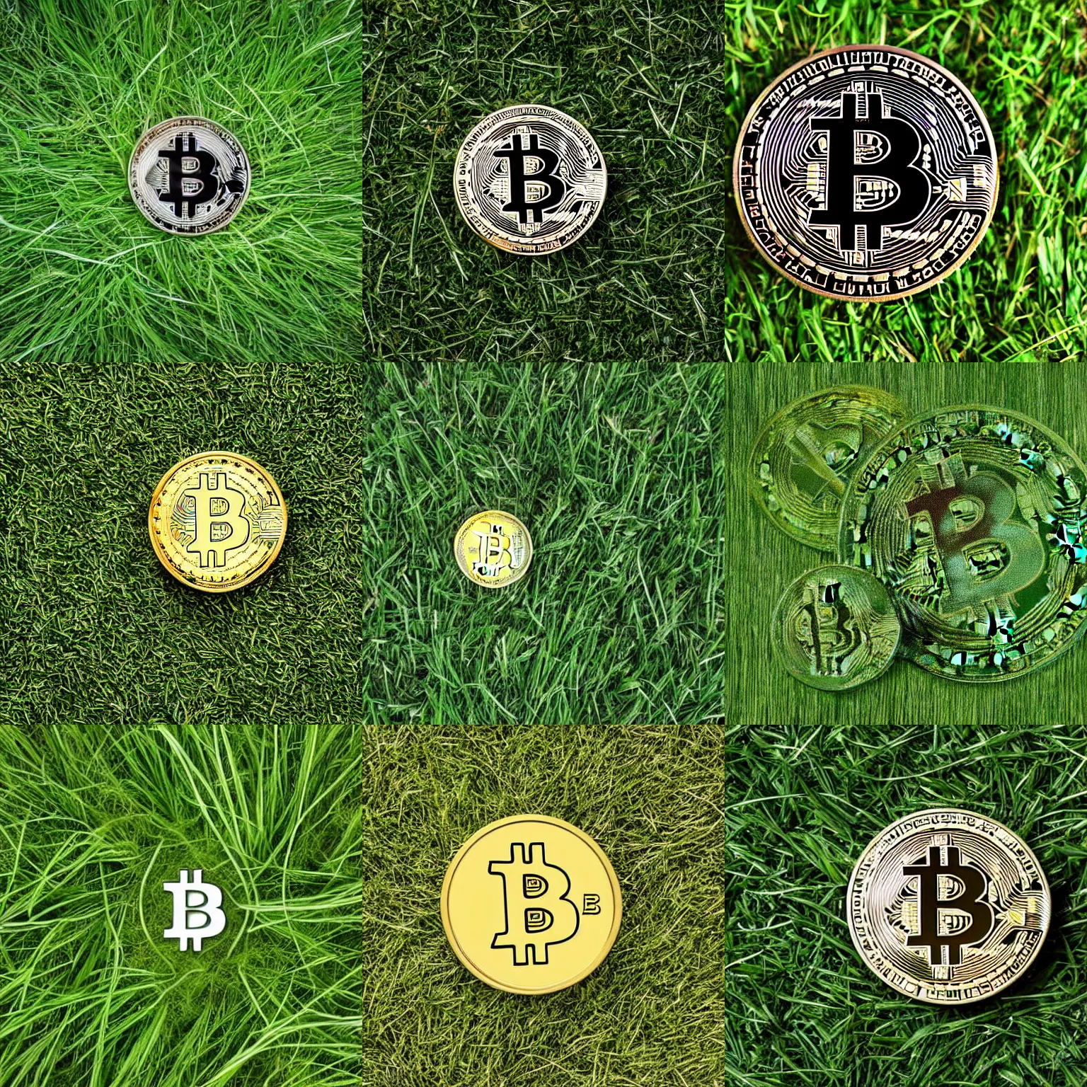 Prompt: bitcoin from grass, real photo, top down view