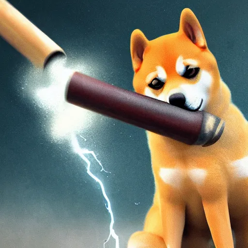 Image similar to shiba inu holding a baseball bat on his hand, cinematic lightning, 4 k, ultra detailed, trending on artstation, masterpiece, digital art.