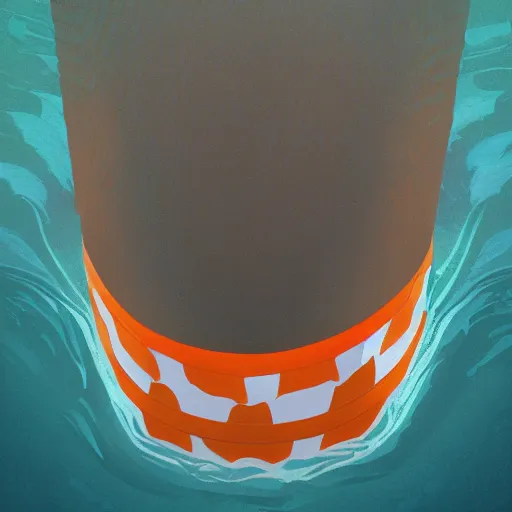 Image similar to orange and white striped traffic cone with 5 rows of shark teeth breaking through the cracks, ocean background detailed atmospheric - ron cheng & alphonse mucha, highly detailed, digital painting, ray tracing, concept art, illustration, smooth sharp focus, intricate, symmetry, artstation,