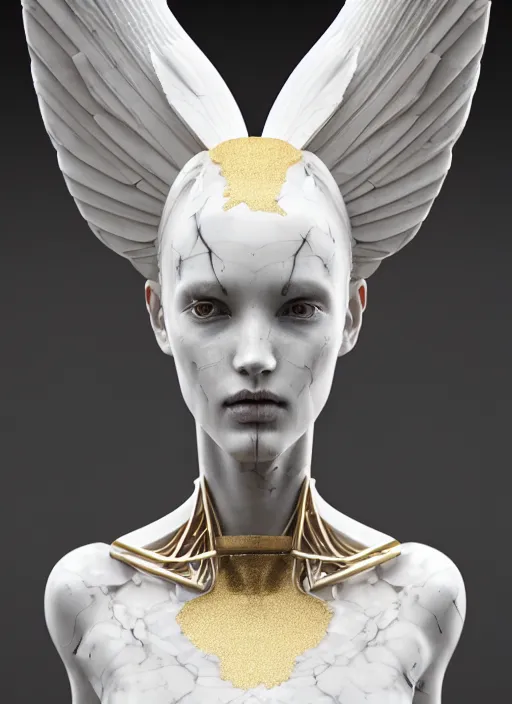 Image similar to a statue made of white marble with gold veins, of an beautiful gorgeous futuristic cybernetic angel girl, prostheses, transhumanism, full body shot, perfect symmetrical body, perfect symmetrical face, hyper realistic, hyper detailed, by johannen voss, by peter kemp, by monia merlo, by michelangelo, octane render, blender, 8 k