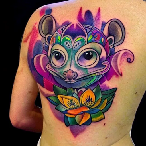 Image similar to shoulder tattoo of a meditating cute realistic bush baby, eyes are sparkeling rainbow spirals, glowing multicolored chakra symbols, surrounded with colorful lotus flowers, insanely integrate