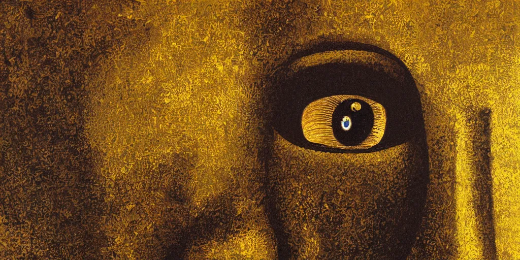 Image similar to a painting of giant buddahs eyes floating in the desert in gold color palette