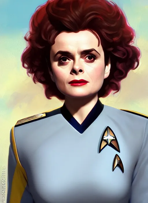 Image similar to cute star trek officer helena bonham carter, natural lighting, path traced, highly detailed, high quality, digital painting, by don bluth and ross tran and studio ghibli and alphonse mucha, artgerm