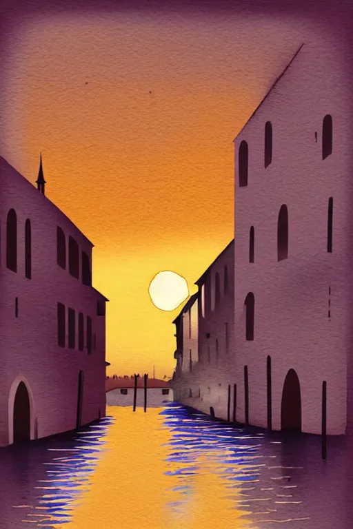 Image similar to minimalist watercolor art of venice at sunset, illustration, vector art